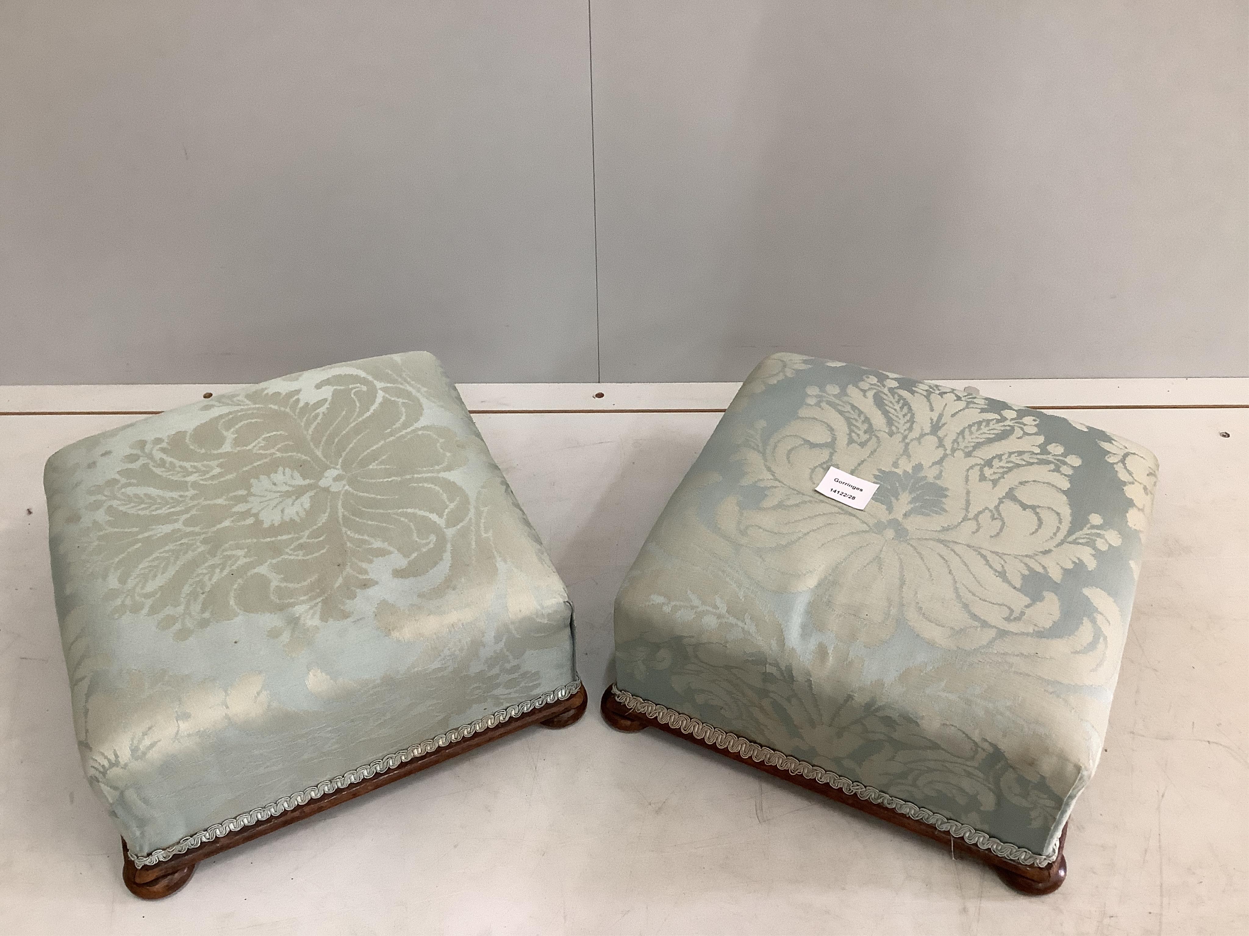 A pair of small square Victorian footstools in pale blue Damask-type covers, width 35cm, height 16cm